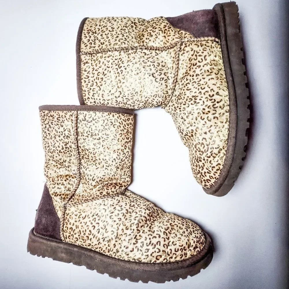UGG classic gold metallic shimmer leopard brown winter fur boots Size 9 - Picture 2 of 7